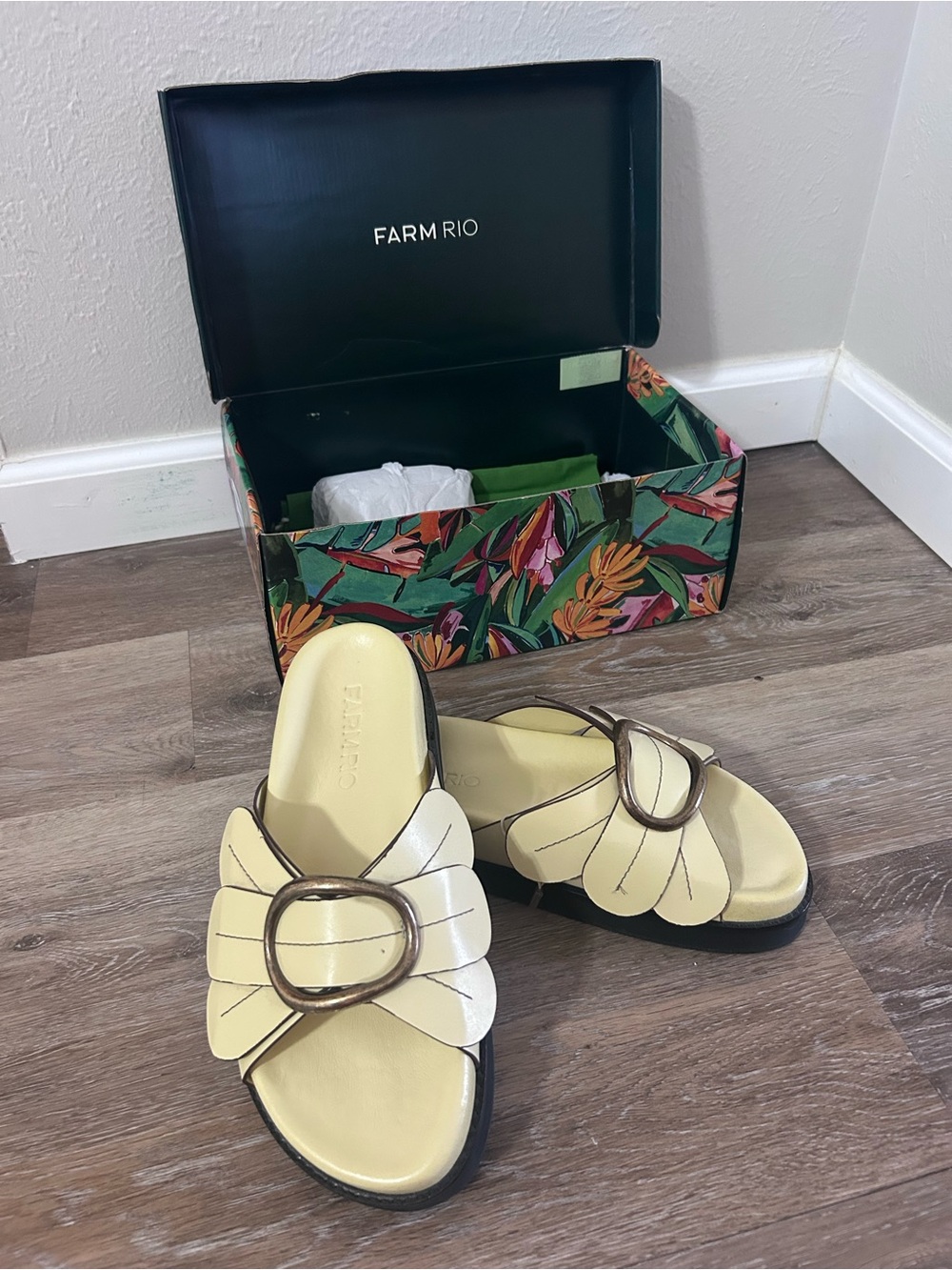 FARM Rio Pale Yellow Leather Slide Mules with Brown Trim